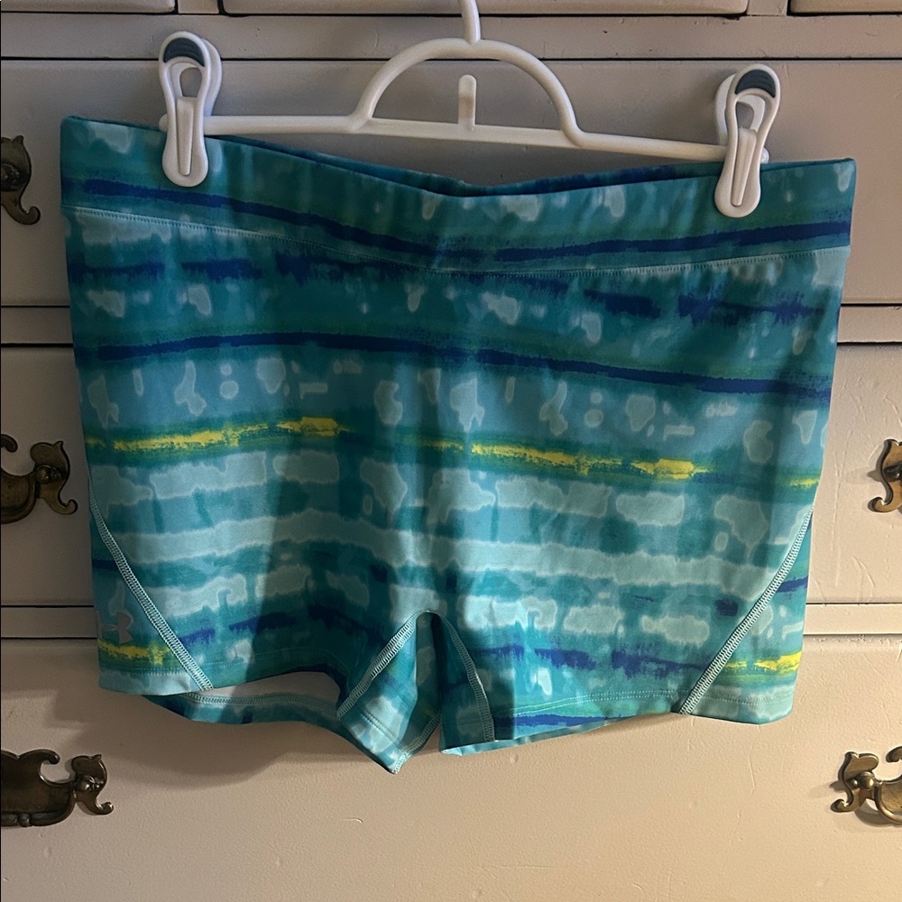 Under Armor Blue and Aqua Patterned Bike Shorts, Women’s Large
